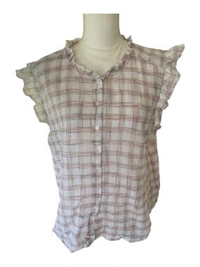 Daily thread cotton beige neutral plaid ruffle trim button front summer shirt